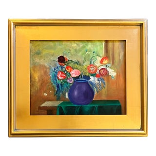 Oil Painting of Flowers in a Violet Vase by Satori Gregorakis, Framed For Sale
