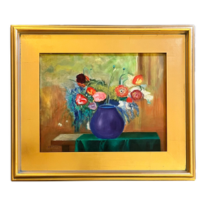 Oil Painting of Flowers in a Violet Vase by Satori Gregorakis, Framed