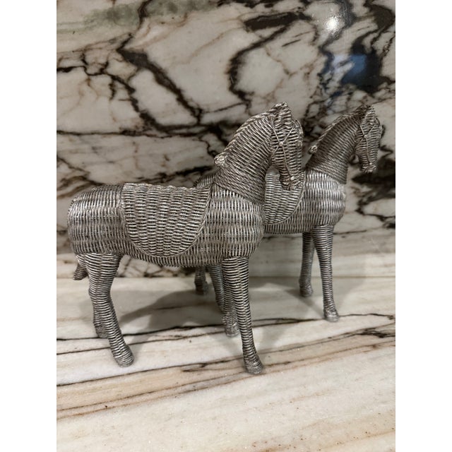 Pair of beautiful vintage made of plaster-resin, rattan style antiqued silver finish patina, horse figurine. No maker’s...
