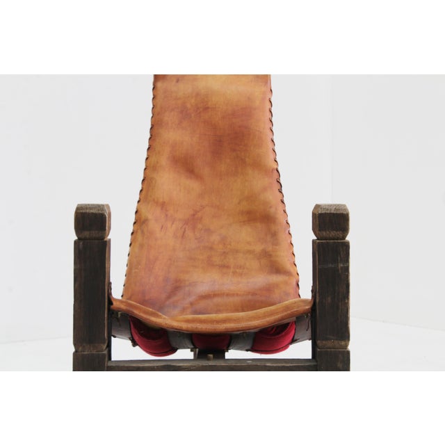 Brown Vintage Brutalist Tripod Leather and Wood Chair, 1970s For Sale - Image 8 of 10