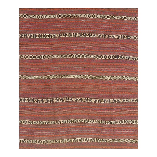 1950s Vintage Mid-Century Rustic Chic Geometric Turkish Kilim Flatweave Wool Rug For Sale
