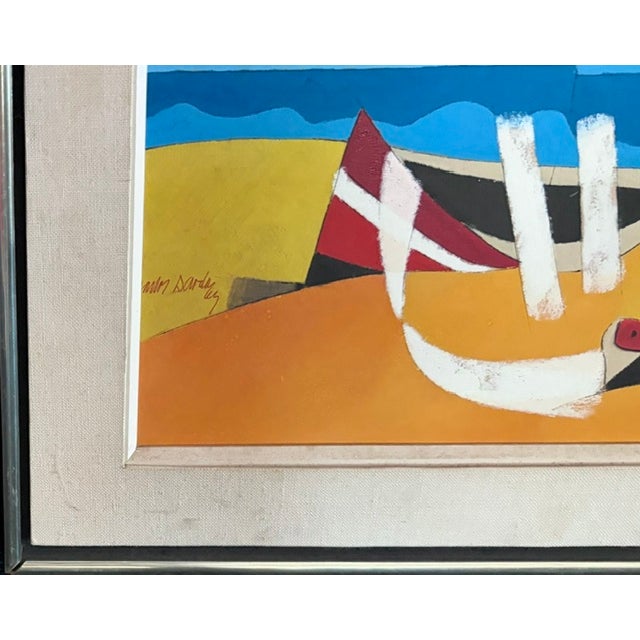 Mid Century Modernist Abstract Landscape Painting - A Boat Sits on a Beach Under a Blue Sky- Signed For Sale In New York - Image 6 of 9