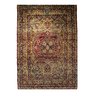 19th Century Persian Kerman Lavar Rug, Hand-Knotted Wool & Silk, Floral Pattern, Gold & Red, 4x6 For Sale