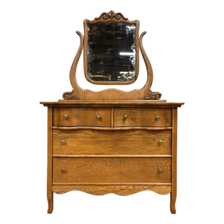 Antique Victorian Serpentine Tiger Oak Highboy Dresser With Mirror For Sale