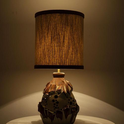 Brown White Brique Ceramic Floor Table Lamp with Silk Lampshade attributed to R. Houben, 1970s For Sale - Image 8 of 13