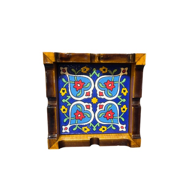 Rustic 1990s Flower Motif Ceramic Ashtray in Wood Frame For Sale - Image 3 of 8