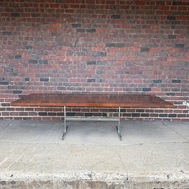 Scandinavian Modern Rosewood and Walnut Extension Dining Table With Chrome Base For Sale - Image 4 of 12