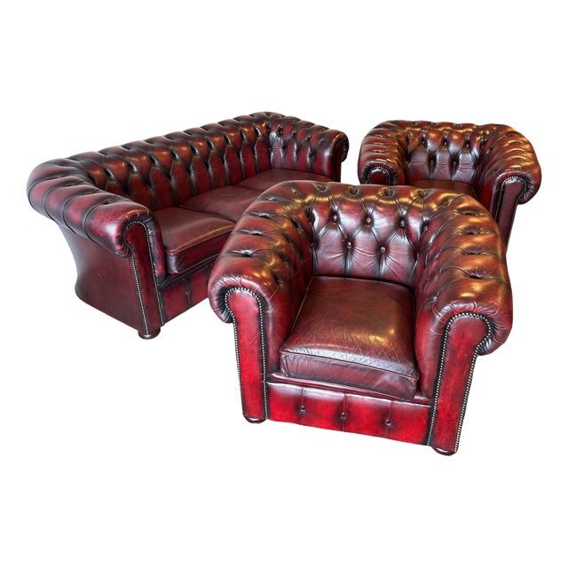 Leather Chesterfield Sofa and Club Chairs, Set of 3 For Sale