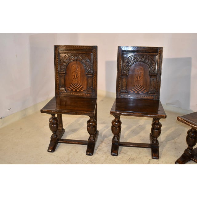Victorian 19th Century Set of 4 English Oak Parquetry Chairs For Sale - Image 3 of 12