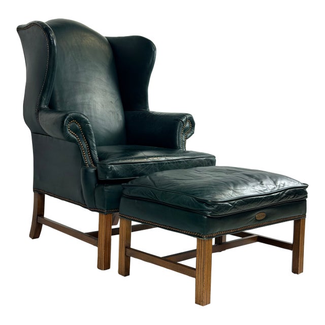 Vintage Bob Timberlake Green Leather Wingback Chair With Ottoman For Sale