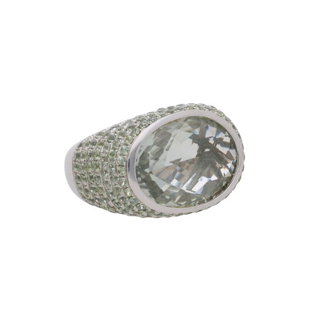 Contemporary 13.50 Carat Oval Checkerboard Cut Green Amethyst Pave 14k White Gold Dome Ring, Size 7.25 For Sale - Image 3 of 7