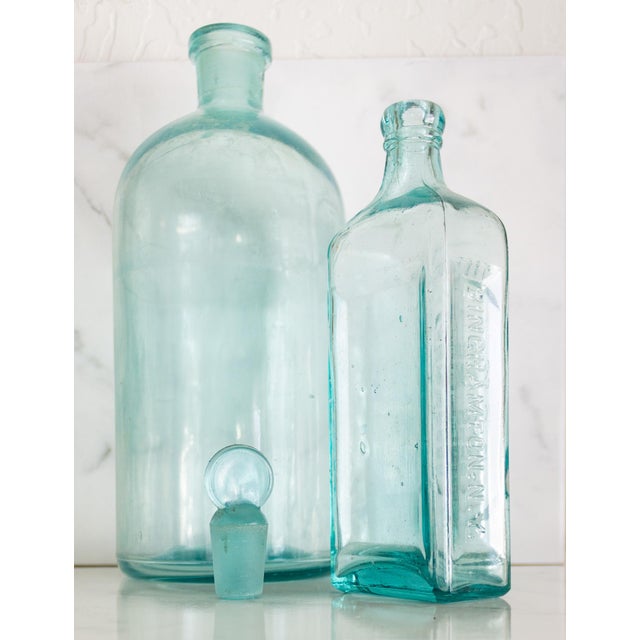 Pair of Antique Aqua Glass Medical Snake Oil Apothecary Bottles From Ny and Nj For Sale - Image 17 of 18