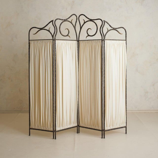 Vintage French Four-Panel Hammered Iron Folding Screen with Pleated Fabric For Sale - Image 4 of 11