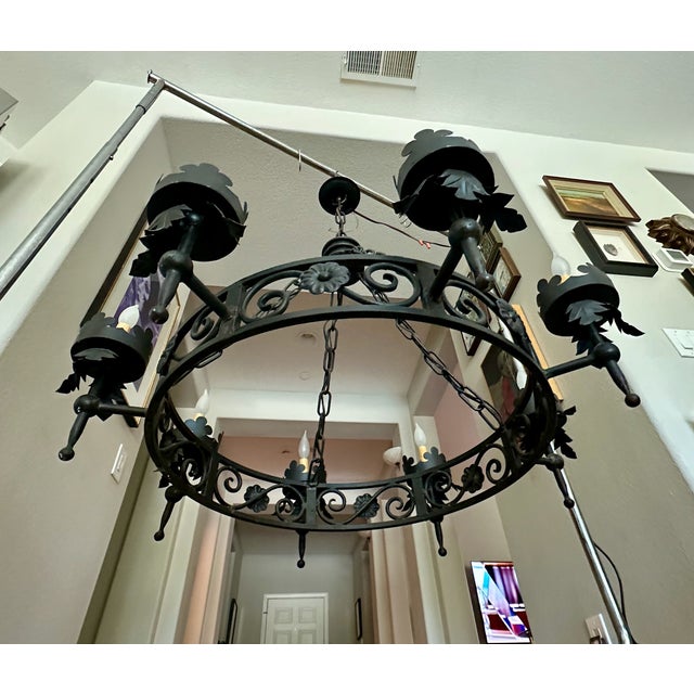 1960s 1960s Large Spanish Revival Metal Forged Black Chandelier For Sale - Image 5 of 17