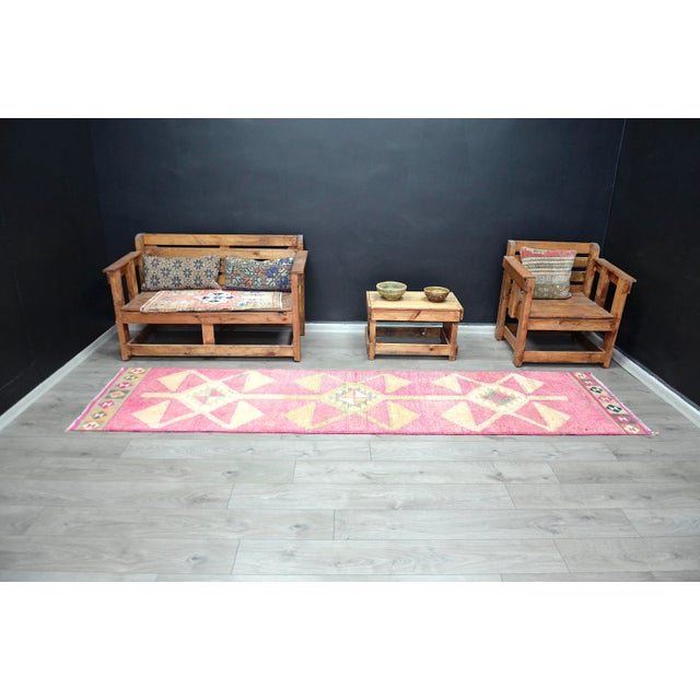 1960s Vintage Pink Color Geometric Handmade Turkish Runner For Sale - Image 11 of 11