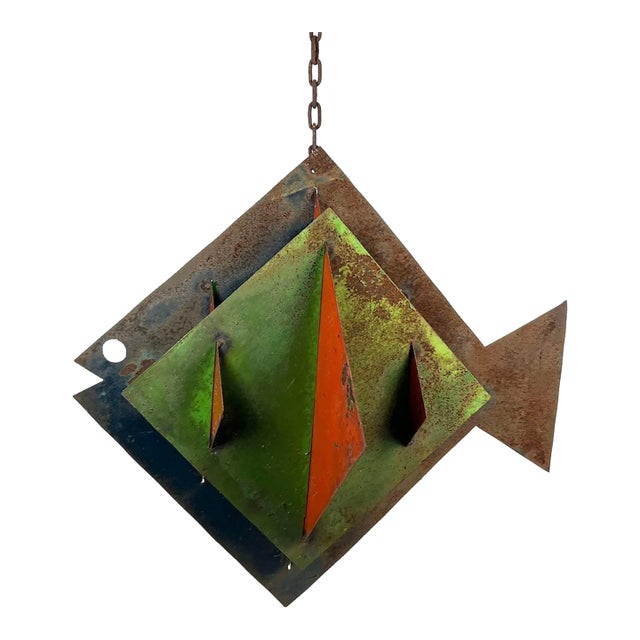 Mid Century Modern Kinetic Metal Hanging Fish Sculpture With Painted Enamel Fins For Sale