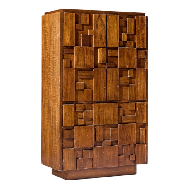 Lane Staccato Brutalist Mid Century Walnut Armoire Dresser For Sale