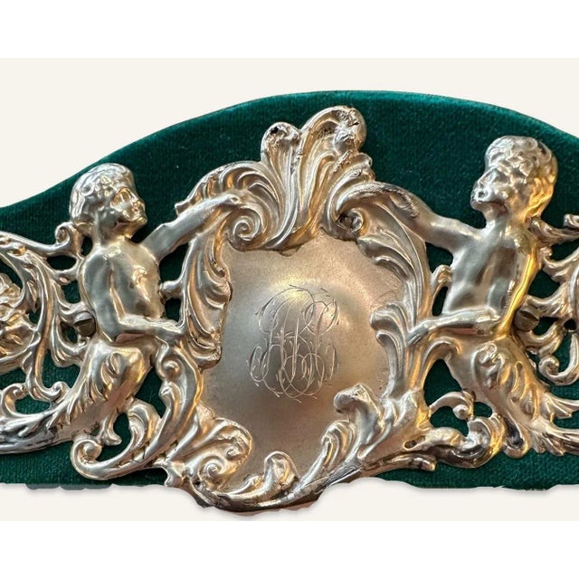 Late 19th Century Large 19th Century Sterling Silver Frame Mounted on Green Velveteen Framework With Mirror For Sale - Image 5 of 8