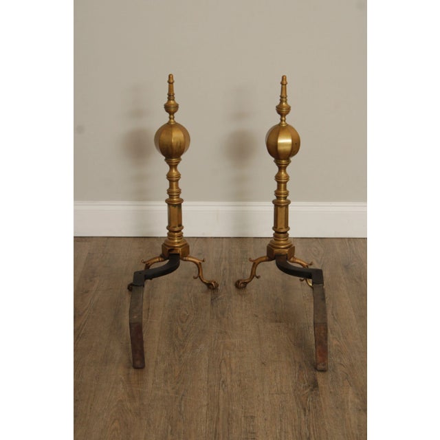 Early 20th Century Federal Style Pair Of Brass Andirons And Poker For Sale - Image 5 of 12