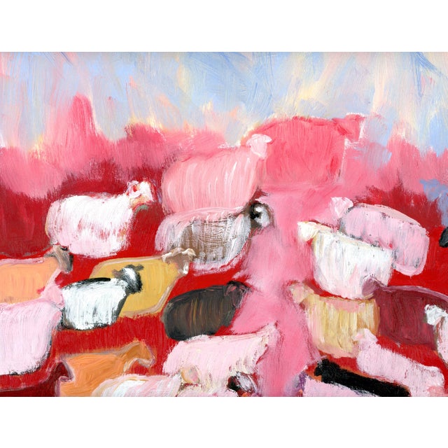 2020s Sheep, Angels, Birds II, Vintage Style Mid Century Modern Oil Painting by Alexandra Swistak For Sale - Image 5 of 8