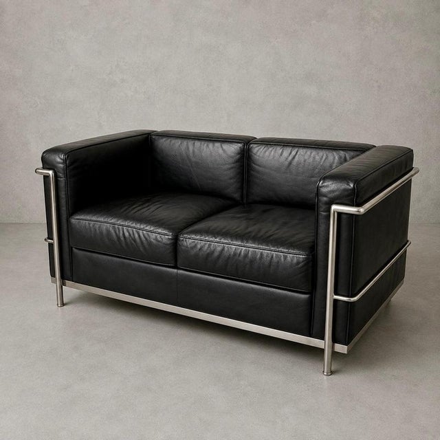 Mid-Century Black Leather and Chrome Two Seater Sofa by Le Corbusier For Sale - Image 10 of 10
