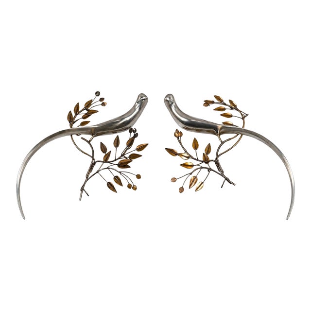 Pair Curtis Jere Brass & Chrome Bird Wall Sculptures, 1980. For Sale