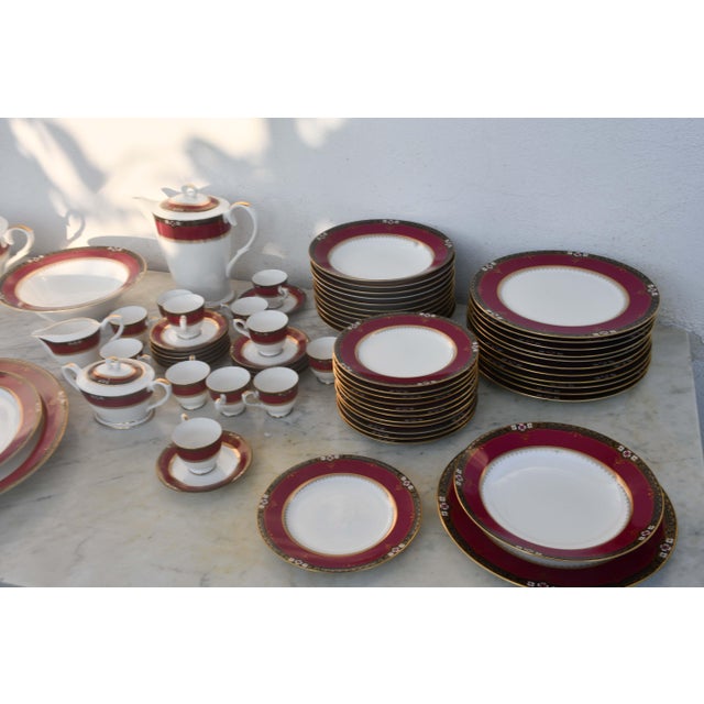 Japanese 1960s Elegant Mid-Century Japanese Bone China Service for 12 in White and Noble Red For Sale - Image 3 of 17