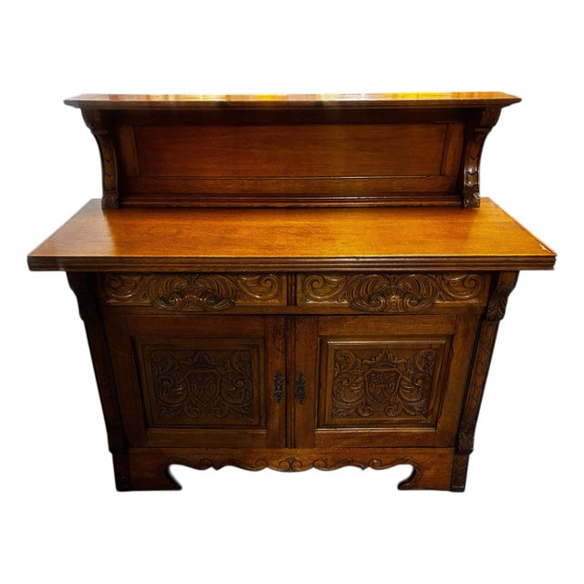 1920s Carved Oak Sideboard Bar For Sale