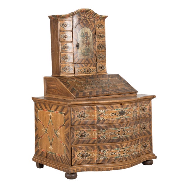1778 Baroque Original Painted Tabernacle Secretary Writing Cabinet With St. George & Dragon For Sale