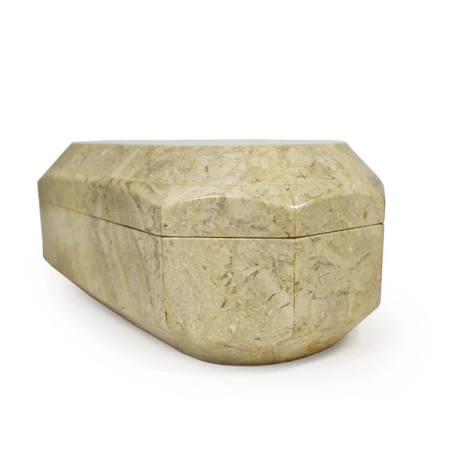 Modern Solid Stone Ivory Color Octagonal Oval Geometric Shape Trinket Jewelry Box For Sale - Image 4 of 10