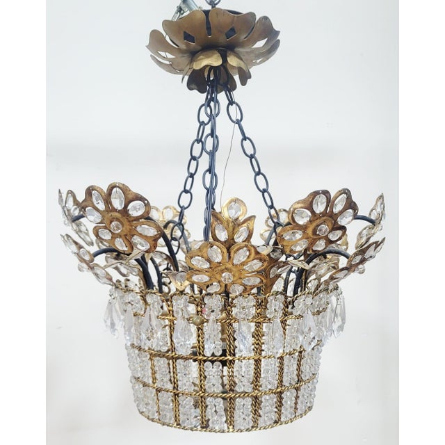 Vintage French Designer Mid-Century Modern Crystal & Bronze Flower Basket Chandelier For Sale - Image 4 of 13
