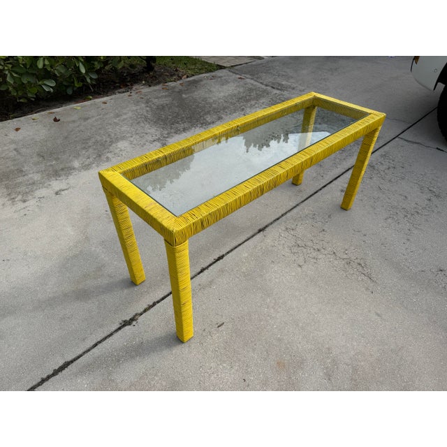 Vintage Organic Modern Wrapped Rattan Console Table With Two Matching Stools For Sale - Image 10 of 11