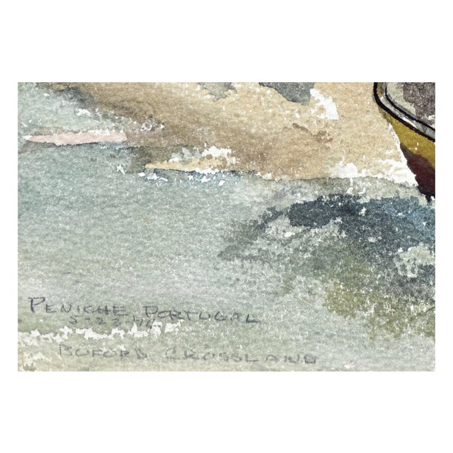 1970s Vintage Figurative Landscape of Peniche, Portugal Harbor Boats by Buford Crossland For Sale - Image 5 of 6