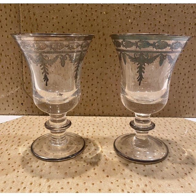 Pair of Arte Italica Vetro Silver Water Goblets. Silver Etching Design Trim