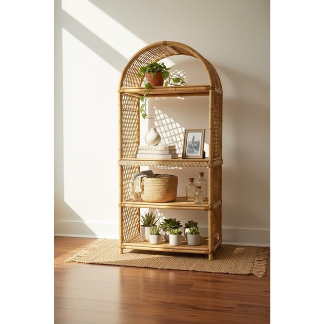 2000 - 2009 Vintage Mid-Century Arched Bamboo and Rattan Three-Tier Etagere / Bookshelf For Sale - Image 5 of 5