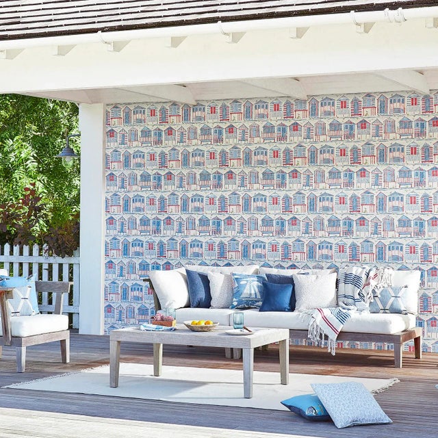 Set of 4 double rolls of Sanderson “Beach Huts” wallpaper in a vibrant red and blue coastal palette. A classic cabana-...