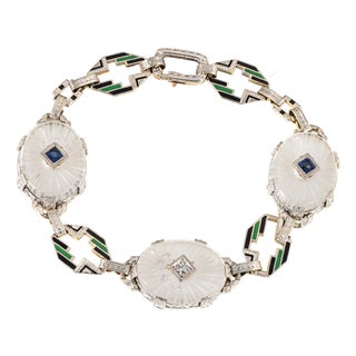 Vintage Art Deco Enamel Bracelet Diamond Camphor Glass 14k White Gold 6" For Sale