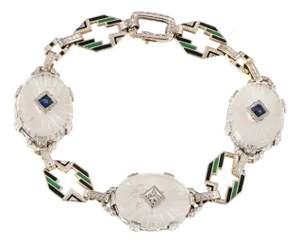 Vintage Art Deco Enamel Bracelet Diamond Camphor Glass 14k White Gold 6"