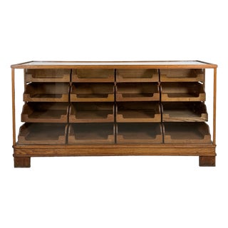 Oak and Glass Haberdashery Showcase Counter with 16 Drawers, 1940s For Sale