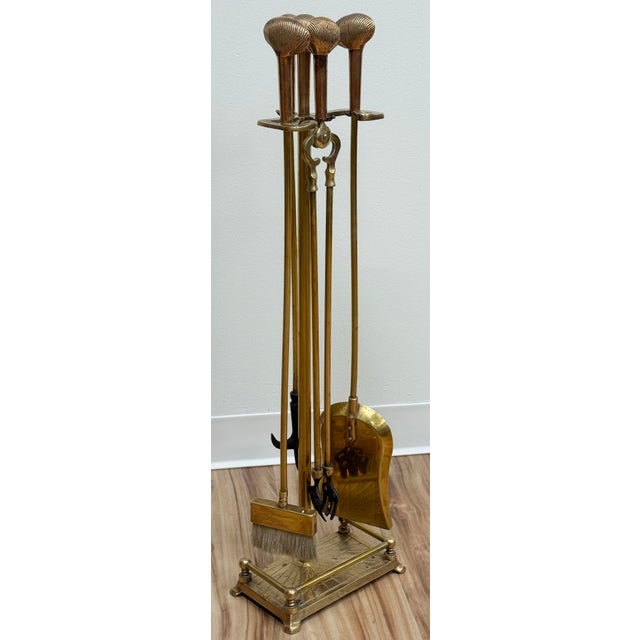 Hollywood Regency Vintage Brass Clamshell Motif Fireplace Tools and Stand For Sale - Image 3 of 10