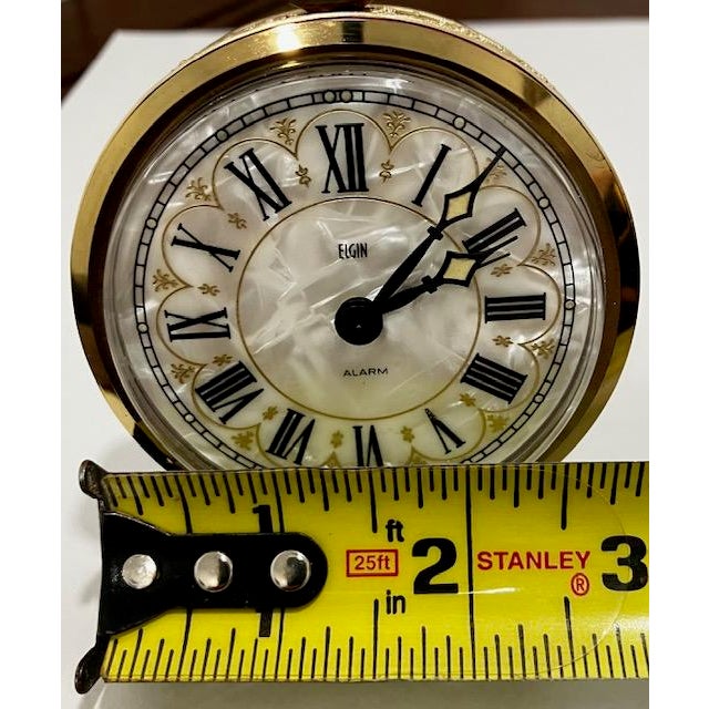 Vtg. Elgin Alarm Clock Germany Mother of Pearl Dial Solid Brass Accents Mechanical Wind Works For Sale - Image 9 of 10