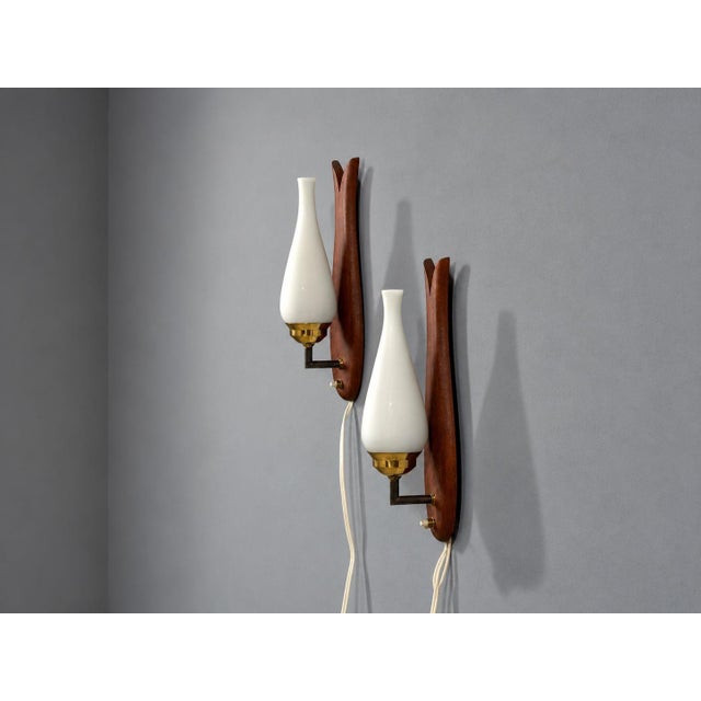 Mid-Century Modern 1960s Danish Modern, Wall Lights or Sconces, Teak, Brass, Opal Glass For Sale - Image 3 of 10