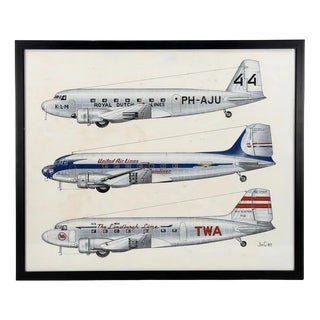 Jean Cuny, Douglas Dakota DC2/3 Illustrations, 1950s, Gouache, Set of 2 For Sale