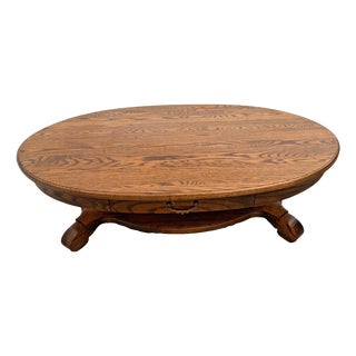 Vintage Oval Coffee Table Tiger Oak, Center Drawer, Shelf, Columns, Empire Style For Sale
