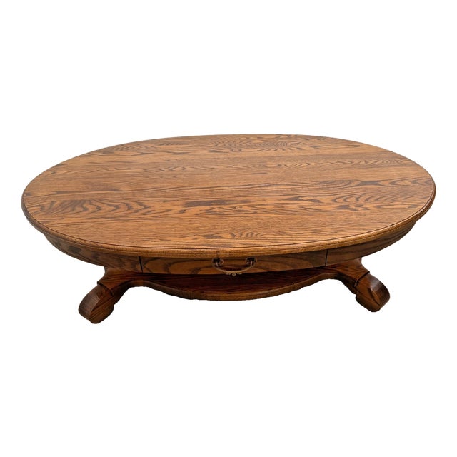 Vintage Oval Coffee Table Tiger Oak, Center Drawer, Shelf, Columns, Empire Style For Sale