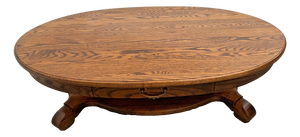 Vintage Oval Coffee Table Tiger Oak, Center Drawer, Shelf, Columns, Empire Style