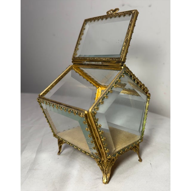 Brass Antique Gold Gilded Brass Beveled Glass Velour Jewelry Casket Jar Box Display For Sale - Image 8 of 12