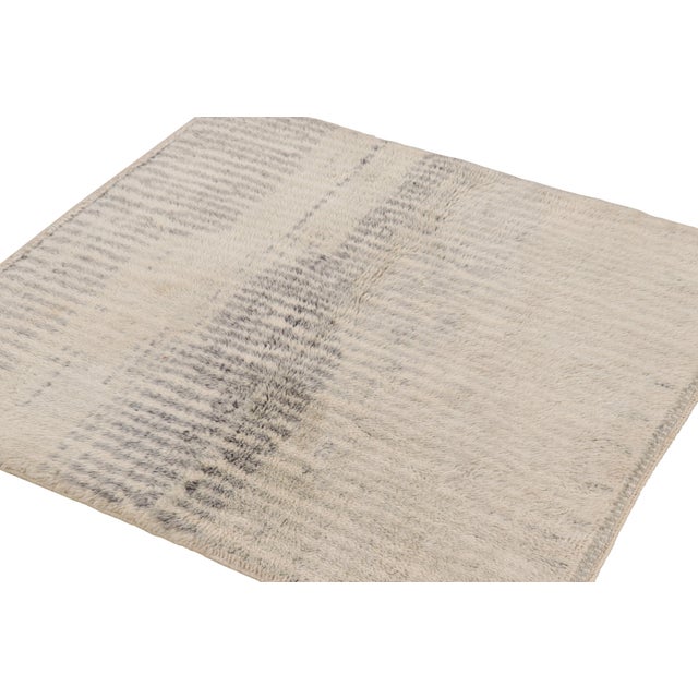 Rug & Kilim Rug & Kilim’s Square Moroccan Rug in Cream White and Gray Stripes and High Pile For Sale - Image 4 of 7