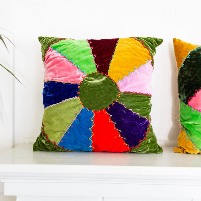 1920s Velvet Crazy Quilt Multi Colored Patchwork Accent Pillows | Pair of Two For Sale - Image 5 of 12