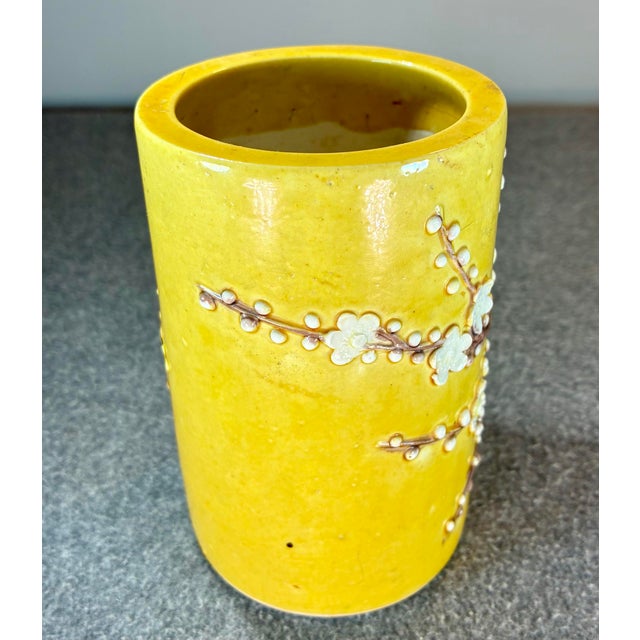 Chinese Antique Chinese Yellow Glazed Cylindrical Brushpot For Sale - Image 3 of 6